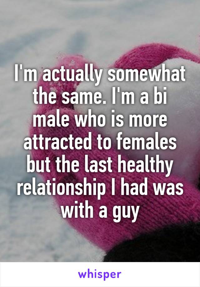 I'm actually somewhat the same. I'm a bi male who is more attracted to females but the last healthy relationship I had was with a guy