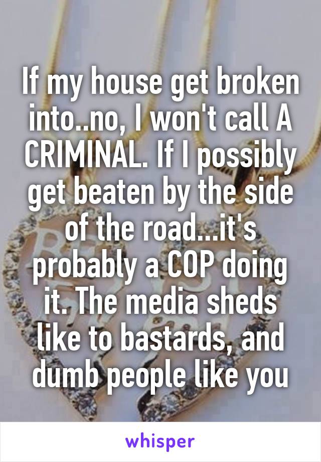 If my house get broken into..no, I won't call A CRIMINAL. If I possibly get beaten by the side of the road...it's probably a COP doing it. The media sheds like to bastards, and dumb people like you