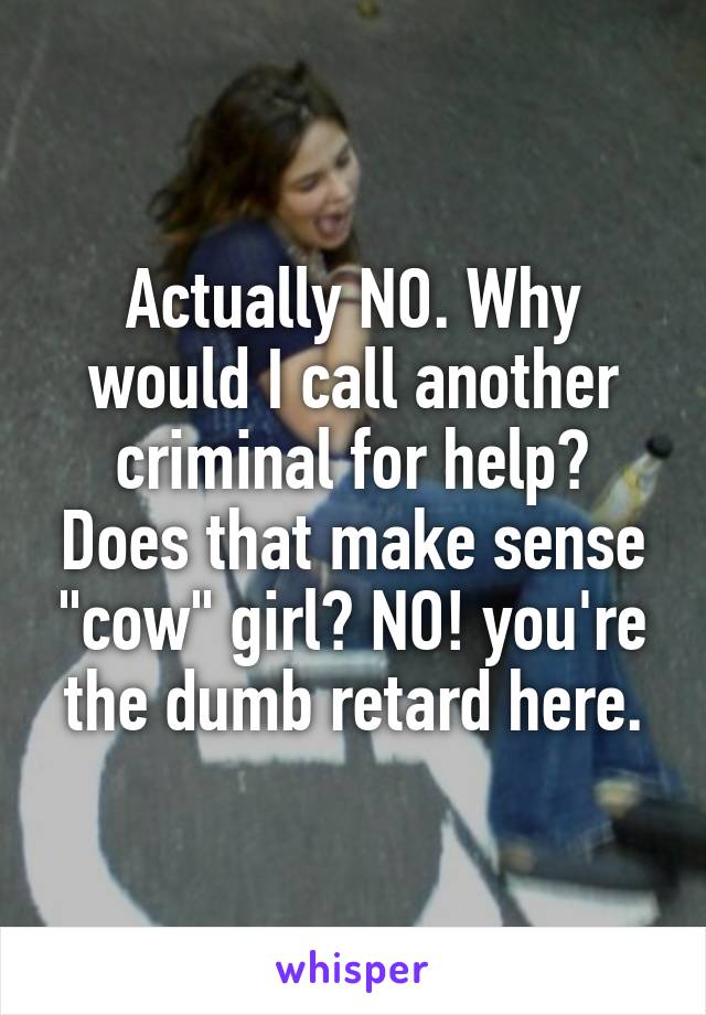 Actually NO. Why would I call another criminal for help? Does that make sense "cow" girl? NO! you're the dumb retard here.