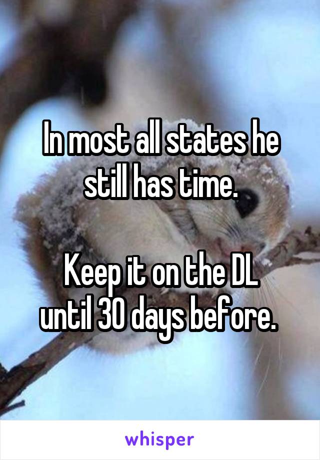 In most all states he still has time.

Keep it on the DL
until 30 days before. 