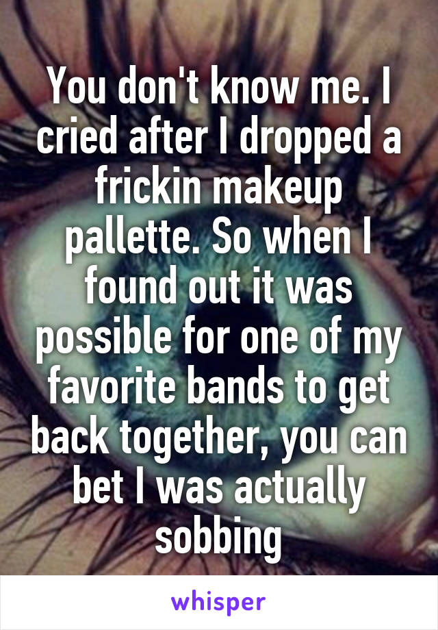 You don't know me. I cried after I dropped a frickin makeup pallette. So when I found out it was possible for one of my favorite bands to get back together, you can bet I was actually sobbing