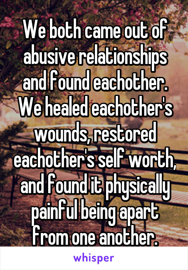 We both came out of abusive relationships and found eachother. We healed eachother's wounds, restored eachother's self worth, and found it physically painful being apart from one another.