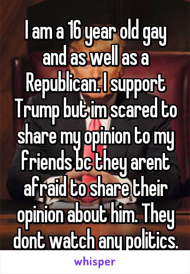 I am a 16 year old gay and as well as a Republican. I support Trump but im scared to share my opinion to my friends bc they arent afraid to share their opinion about him. They dont watch any politics.