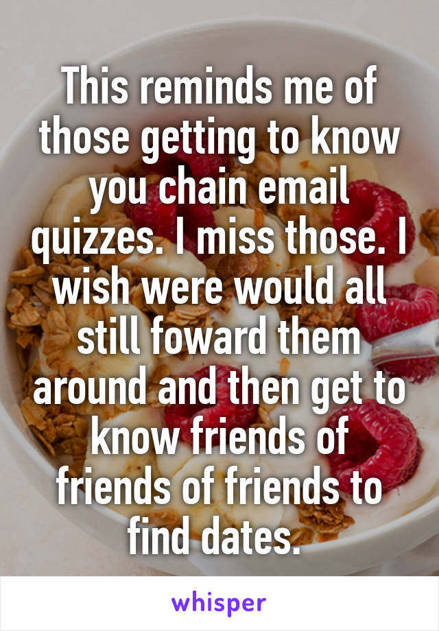 This reminds me of those getting to know you chain email quizzes. I miss those. I wish were would all still foward them around and then get to know friends of friends of friends to find dates. 