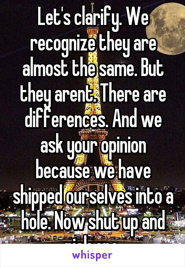 Let's clarify. We recognize they are almost the same. But they arent. There are differences. And we ask your opinion because we have shipped ourselves into a hole. Now shut up and pick one.