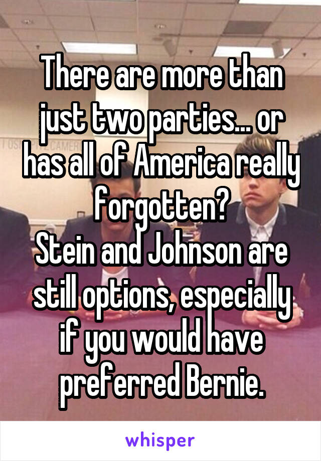 There are more than just two parties... or has all of America really forgotten?
Stein and Johnson are still options, especially if you would have preferred Bernie.