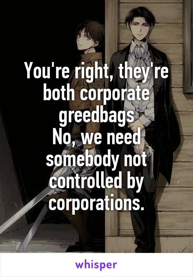 You're right, they're both corporate greedbags
No, we need somebody not controlled by corporations.