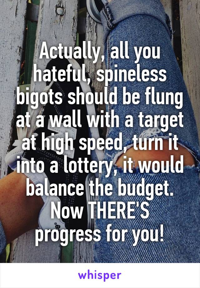 Actually, all you hateful, spineless bigots should be flung at a wall with a target at high speed, turn it into a lottery, it would balance the budget.
Now THERE'S progress for you!