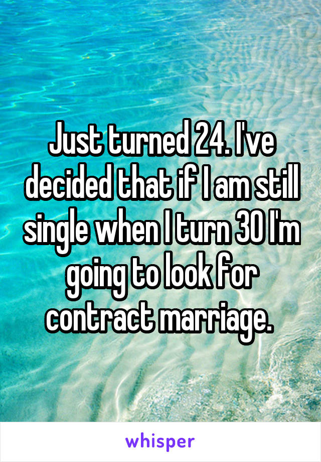 Just turned 24. I've decided that if I am still single when I turn 30 I'm going to look for contract marriage. 