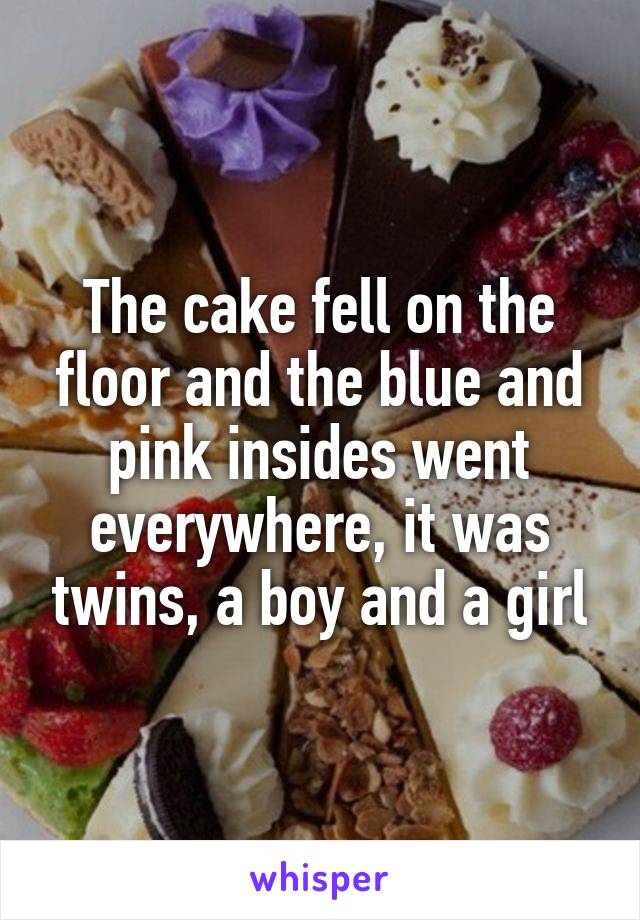 The cake fell on the floor and the blue and pink insides went everywhere, it was twins, a boy and a girl