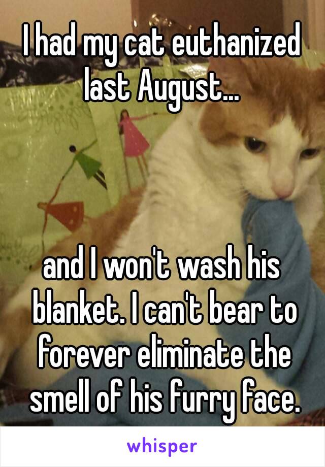 I had my cat euthanized last August... 



and I won't wash his blanket. I can't bear to forever eliminate the smell of his furry face.