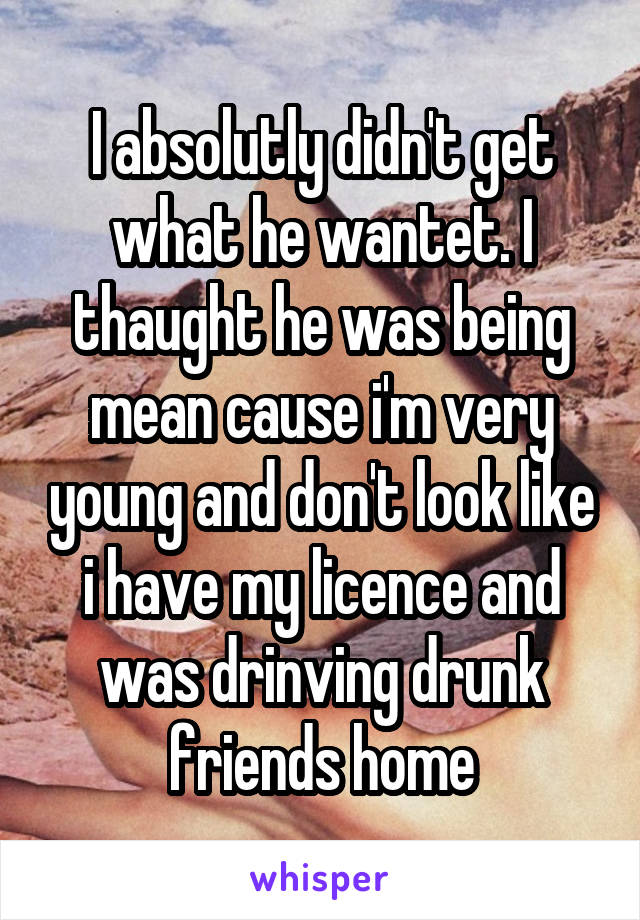 I absolutly didn't get what he wantet. I thaught he was being mean cause i'm very young and don't look like i have my licence and was drinving drunk friends home