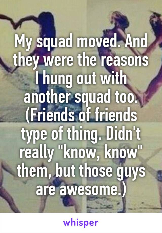 My squad moved. And they were the reasons I hung out with another squad too. (Friends of friends type of thing. Didn't really "know, know" them, but those guys are awesome.)