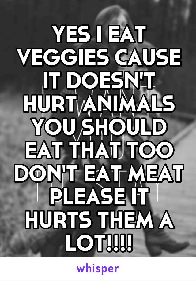 YES I EAT VEGGIES CAUSE IT DOESN'T HURT ANIMALS YOU SHOULD EAT THAT TOO DON'T EAT MEAT PLEASE IT HURTS THEM A LOT!!!!