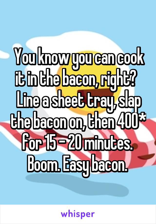 You know you can cook it in the bacon, right?  
Line a sheet tray, slap the bacon on, then 400* for 15 - 20 minutes.  Boom. Easy bacon. 