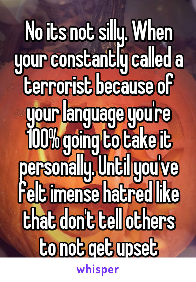 No its not silly. When your constantly called a terrorist because of your language you're 100% going to take it personally. Until you've felt imense hatred like that don't tell others to not get upset