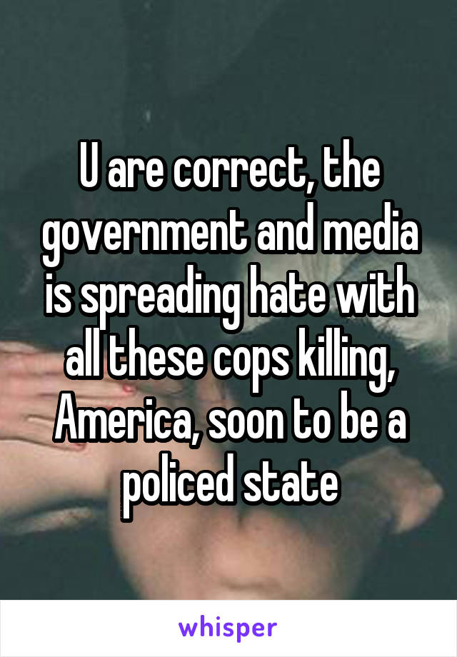 U are correct, the government and media is spreading hate with all these cops killing, America, soon to be a policed state