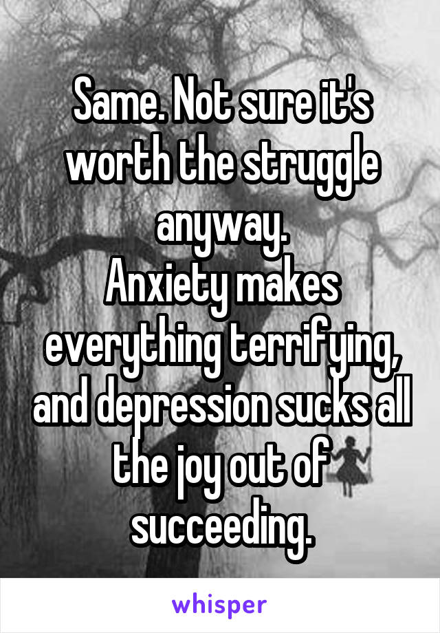 Same. Not sure it's worth the struggle anyway.
Anxiety makes everything terrifying, and depression sucks all the joy out of succeeding.