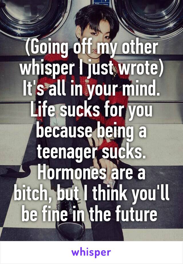 (Going off my other whisper I just wrote)
It's all in your mind.
Life sucks for you because being a teenager sucks.
Hormones are a bitch, but I think you'll be fine in the future 