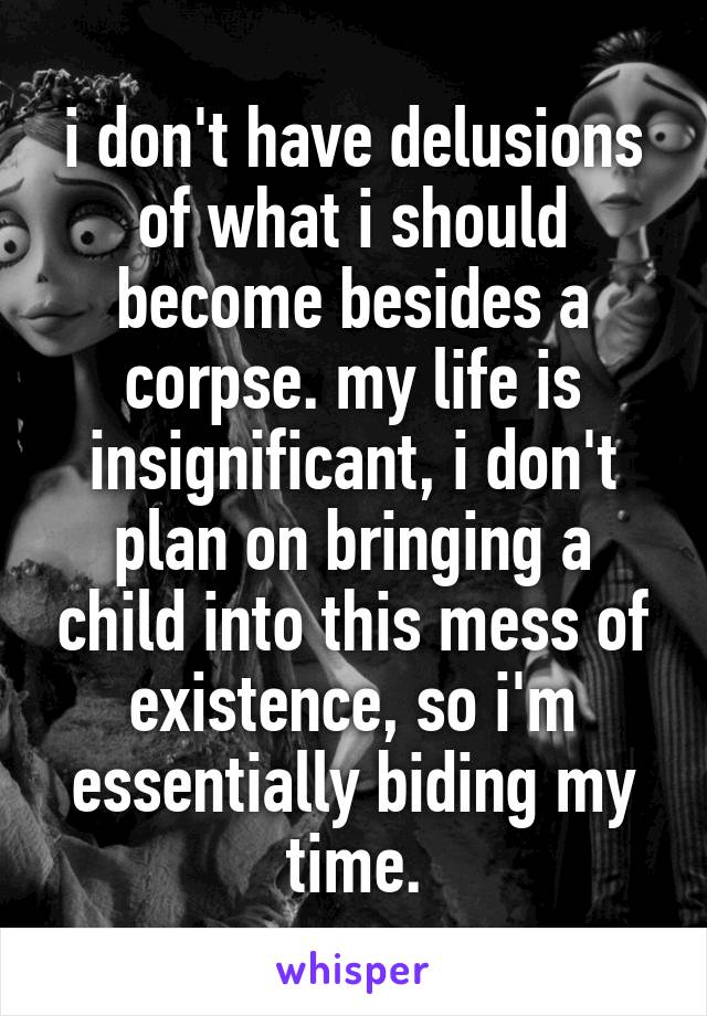 i don't have delusions of what i should become besides a corpse. my life is insignificant, i don't plan on bringing a child into this mess of existence, so i'm essentially biding my time.