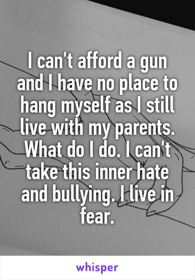 I can't afford a gun and I have no place to hang myself as I still live with my parents. What do I do. I can't take this inner hate and bullying. I live in fear.