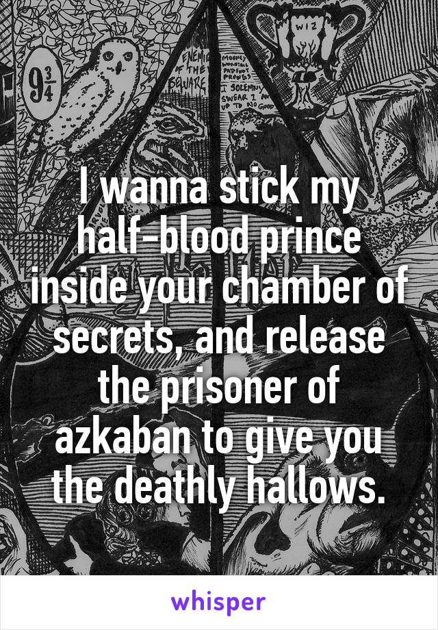 
I wanna stick my half-blood prince inside your chamber of secrets, and release the prisoner of azkaban to give you the deathly hallows.