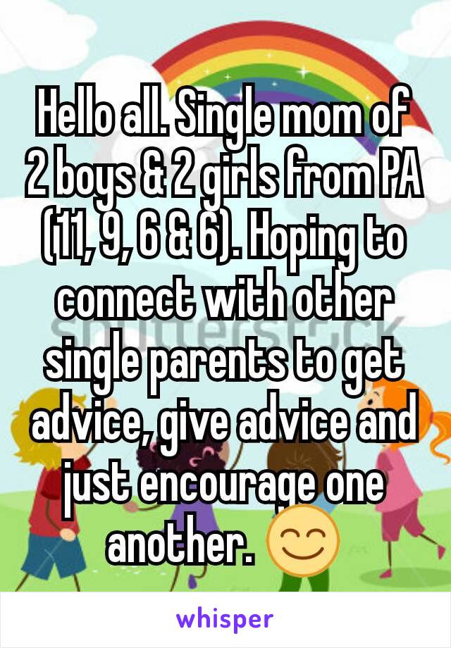 Hello all. Single mom of 2 boys & 2 girls from PA (11, 9, 6 & 6). Hoping to connect with other single parents to get advice, give advice and just encourage one another. 😊
