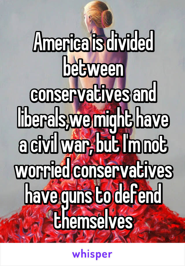 America is divided between conservatives and liberals,we might have a civil war, but I'm not worried conservatives have guns to defend themselves