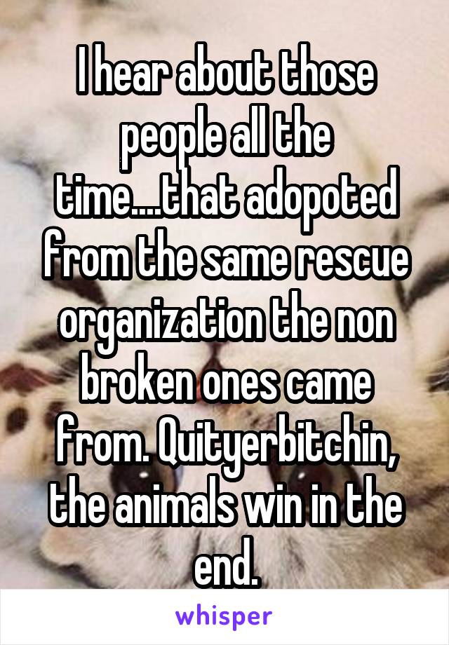 I hear about those people all the time....that adopoted from the same rescue organization the non broken ones came from. Quityerbitchin, the animals win in the end.
