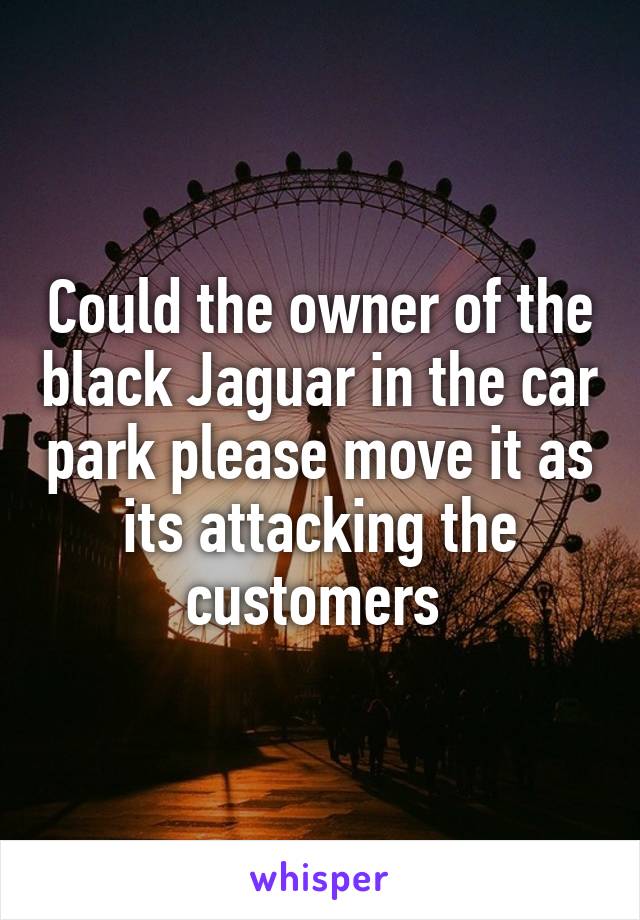 Could the owner of the black Jaguar in the car park please move it as its attacking the customers 