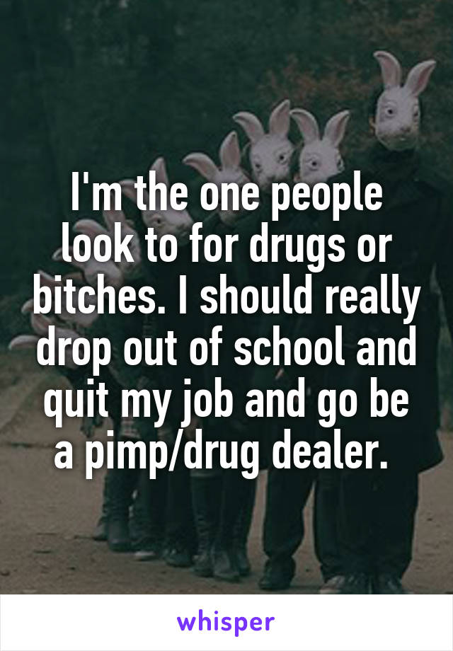 I'm the one people look to for drugs or bitches. I should really drop out of school and quit my job and go be a pimp/drug dealer. 