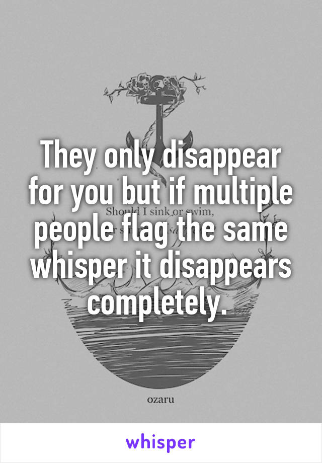 They only disappear for you but if multiple people flag the same whisper it disappears completely. 