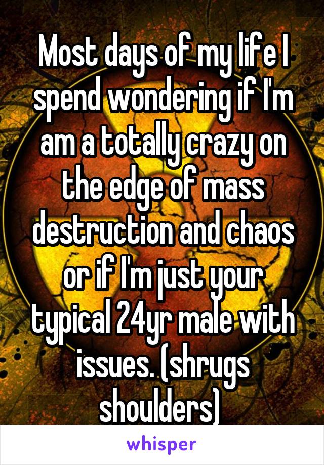 Most days of my life I spend wondering if I'm am a totally crazy on the edge of mass destruction and chaos or if I'm just your typical 24yr male with issues. (shrugs shoulders) 