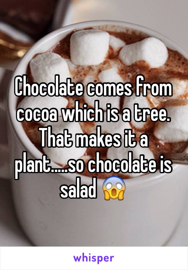 Chocolate comes from cocoa which is a tree. That makes it a plant.....so chocolate is salad 😱