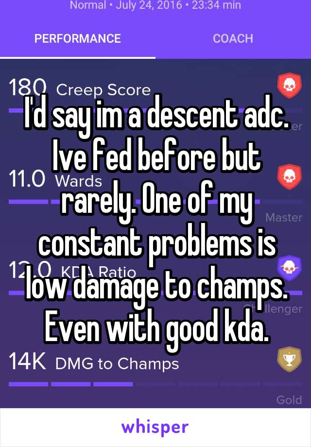 I'd say im a descent adc. Ive fed before but rarely. One of my constant problems is low damage to champs. Even with good kda.