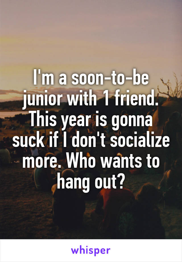 I'm a soon-to-be junior with 1 friend. This year is gonna suck if I don't socialize more. Who wants to hang out?