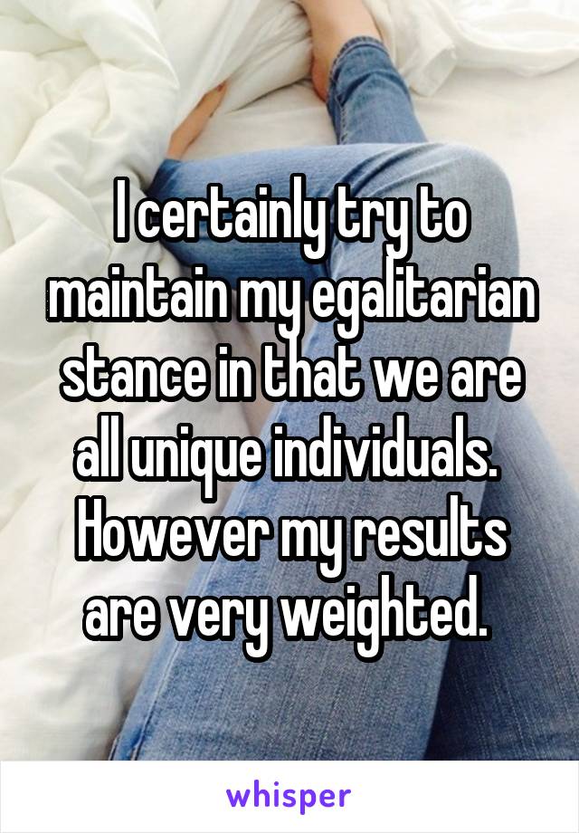 I certainly try to maintain my egalitarian stance in that we are all unique individuals.  However my results are very weighted. 