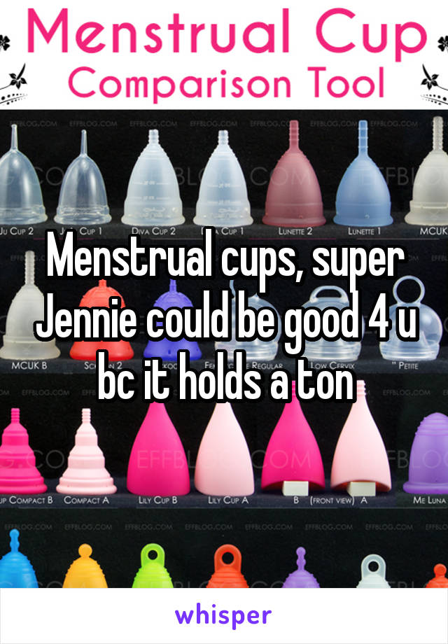 Menstrual cups, super Jennie could be good 4 u bc it holds a ton