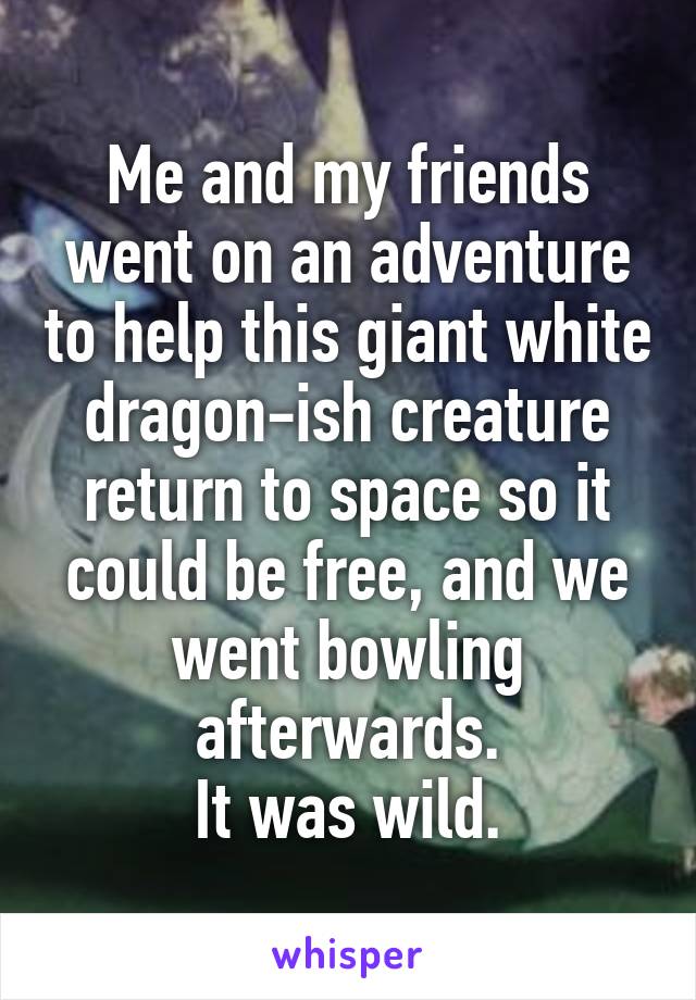 Me and my friends went on an adventure to help this giant white dragon-ish creature return to space so it could be free, and we went bowling afterwards.
It was wild.