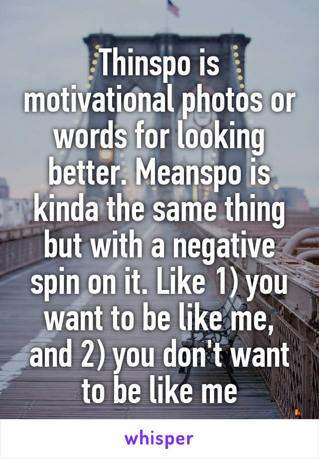 Thinspo is motivational photos or words for looking better. Meanspo is kinda the same thing but with a negative spin on it. Like 1) you want to be like me, and 2) you don't want to be like me