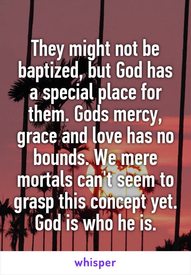 They might not be baptized, but God has a special place for them. Gods mercy, grace and love has no bounds. We mere mortals can't seem to grasp this concept yet. God is who he is.