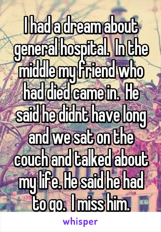 I had a dream about general hospital.  In the middle my friend who had died came in.  He said he didnt have long and we sat on the couch and talked about my life. He said he had to go.  I miss him.