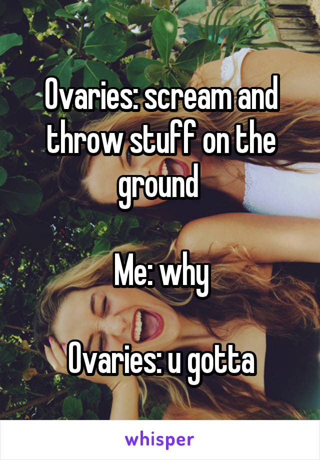 Ovaries: scream and throw stuff on the ground 

Me: why

Ovaries: u gotta