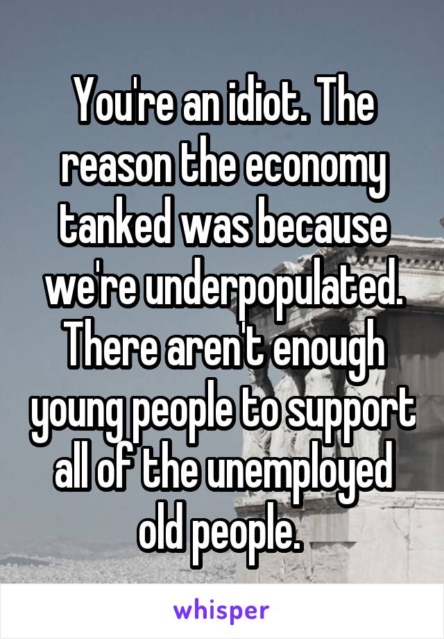 You're an idiot. The reason the economy tanked was because we're underpopulated. There aren't enough young people to support all of the unemployed old people. 