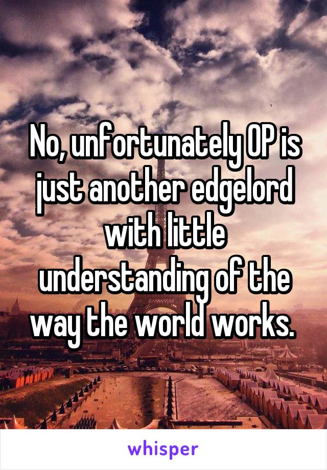 No, unfortunately OP is just another edgelord with little understanding of the way the world works. 