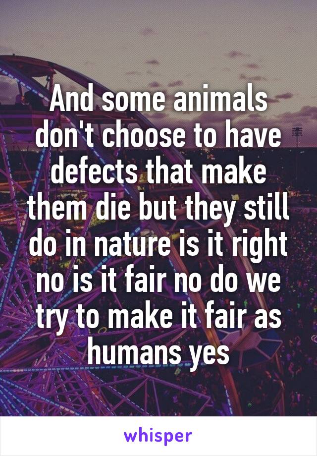 And some animals don't choose to have defects that make them die but they still do in nature is it right no is it fair no do we try to make it fair as humans yes