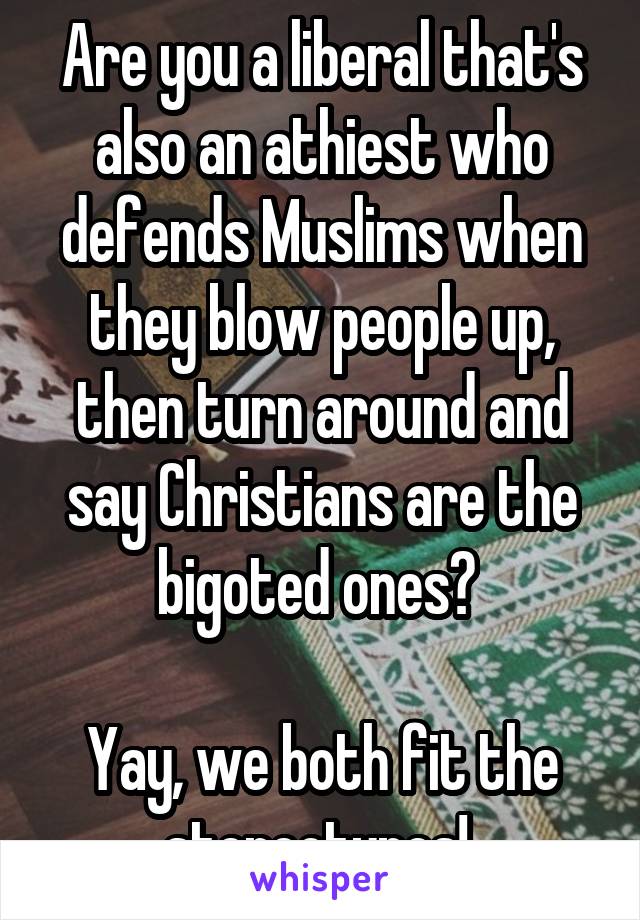 Are you a liberal that's also an athiest who defends Muslims when they blow people up, then turn around and say Christians are the bigoted ones? 

Yay, we both fit the stereotypes! 