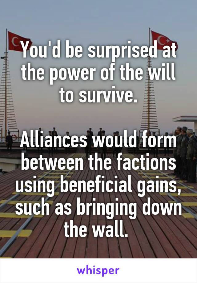 You'd be surprised at the power of the will to survive.

Alliances would form between the factions using beneficial gains, such as bringing down the wall. 