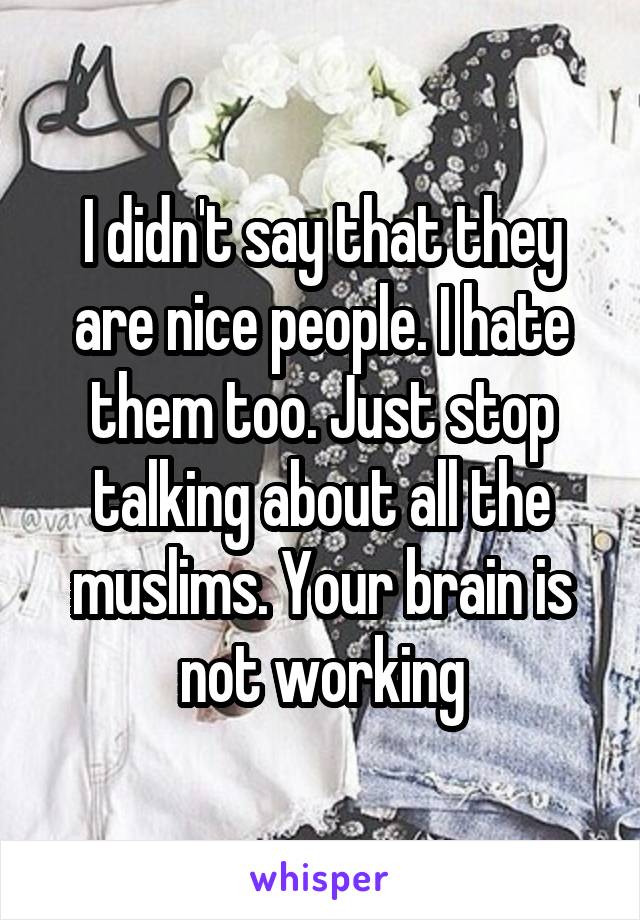 I didn't say that they are nice people. I hate them too. Just stop talking about all the muslims. Your brain is not working