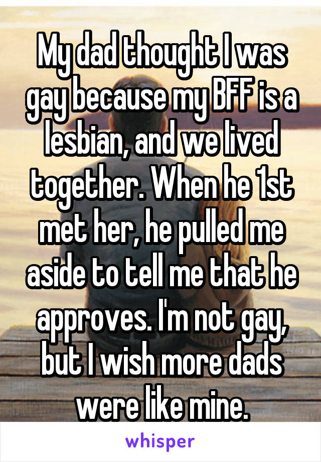 My dad thought I was gay because my BFF is a lesbian, and we lived together. When he 1st met her, he pulled me aside to tell me that he approves. I'm not gay, but I wish more dads were like mine.